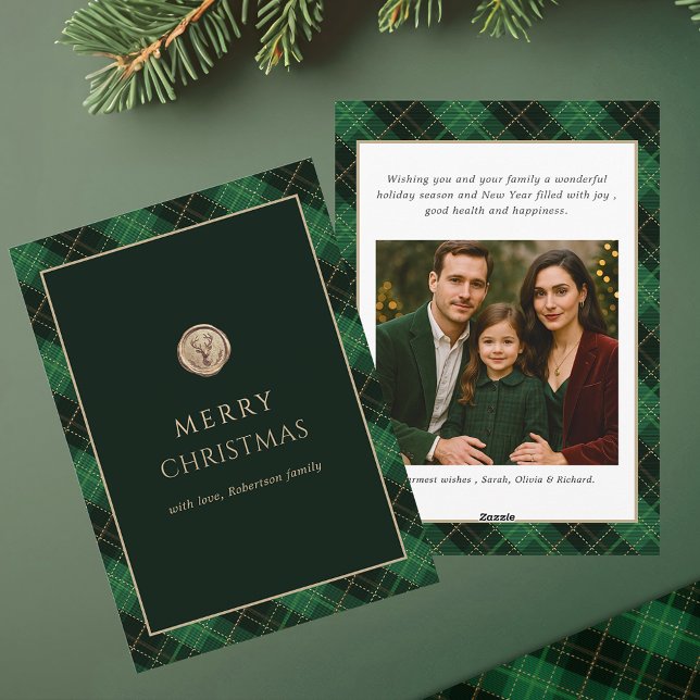 Tarjeta Festiva Elegant Green Plaid Merry Christmas Photo   (Elegant Christmas Green Plaid Photo Card)