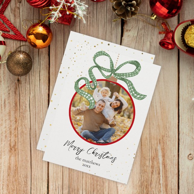 Tarjeta Festiva Elegant Green Ribbon Photo Christmas Card (Subido por el creador)