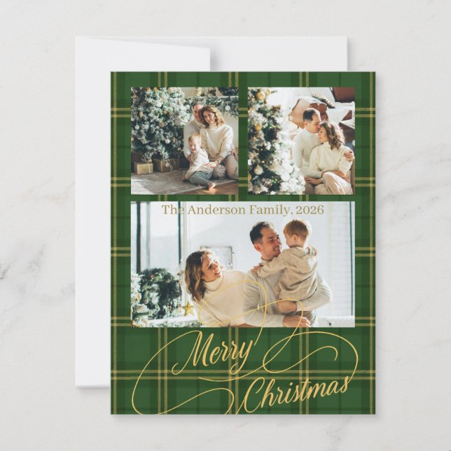 Tarjeta Festiva Elegant Green Tartan Family Photo Christmas Card (Anverso)