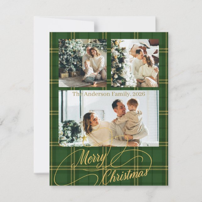 Tarjeta Festiva Elegant Green Tartan Family Photo Christmas Card (Anverso)