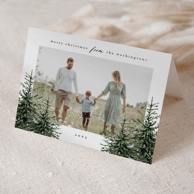 Tarjeta Festiva Elegant Hand-painted Pine Tree Photo Christmas (Elegant hand painted watercolor Christmas trees 3 photo folded holiday cards.)