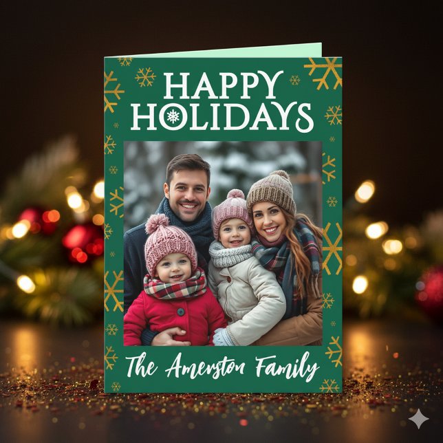 Tarjeta Festiva Elegant Happy Holidays Gold Foil Snowflakes Photo (Elegant Happy Holidays Photo Gold Foil Snowflakes Christmas Greeting Card Cover Photo)