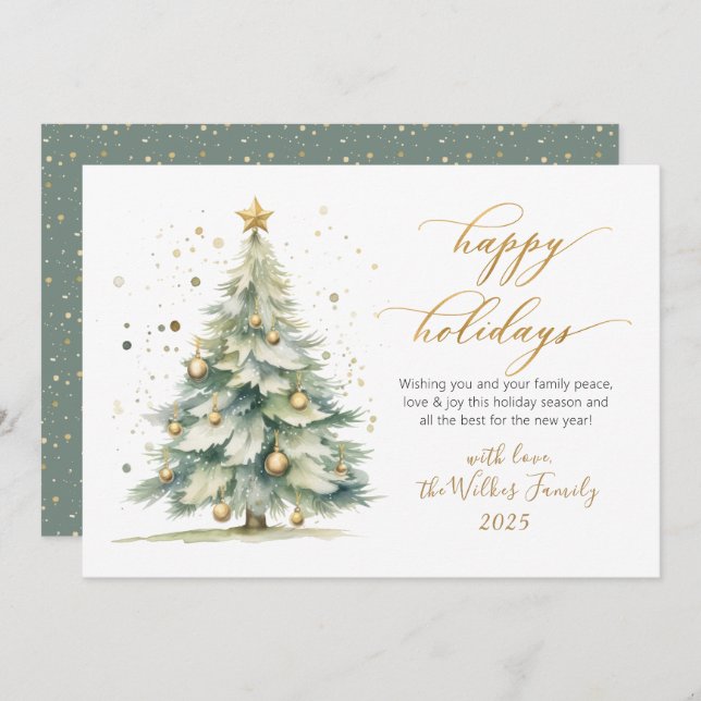 Tarjeta Festiva Elegant Happy Holidays Gold Script Christmas Tree (Anverso / Reverso)