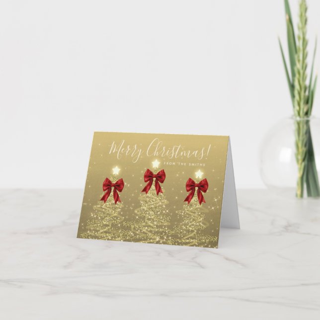 Tarjeta Festiva Elegant Holiday Gold Christmas Trees Greeting Red  (Anverso)