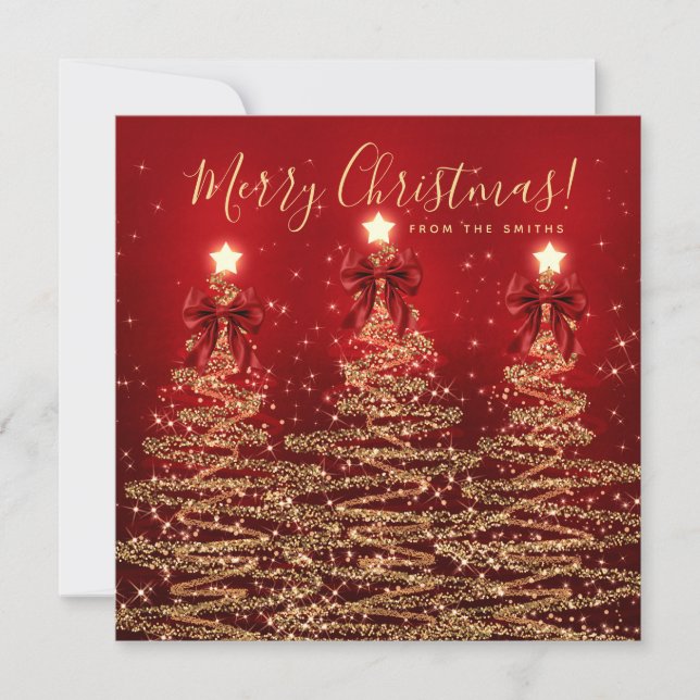 Tarjeta Festiva Elegant Holiday Gold Red Christmas Trees Greeting  (Anverso)