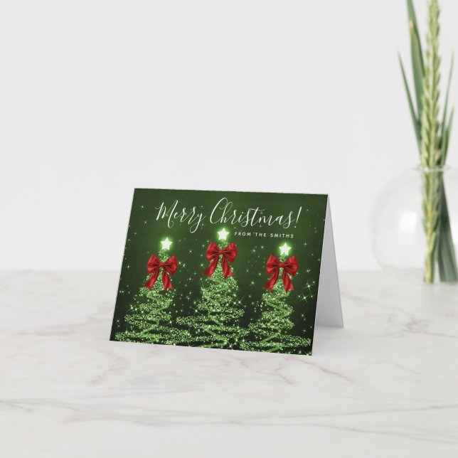 Tarjeta Festiva Elegant Holiday Green Christmas Trees Greeting Red (Anverso)
