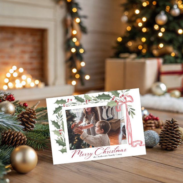 Tarjeta Festiva Elegant Holly Berries | Family Photo Christmas (Subido por el creador)