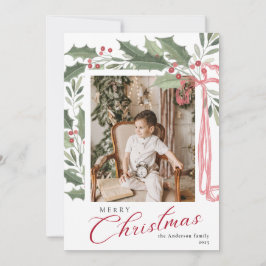 Tarjeta Festiva Elegant Holly Berries | Family Photo Christmas