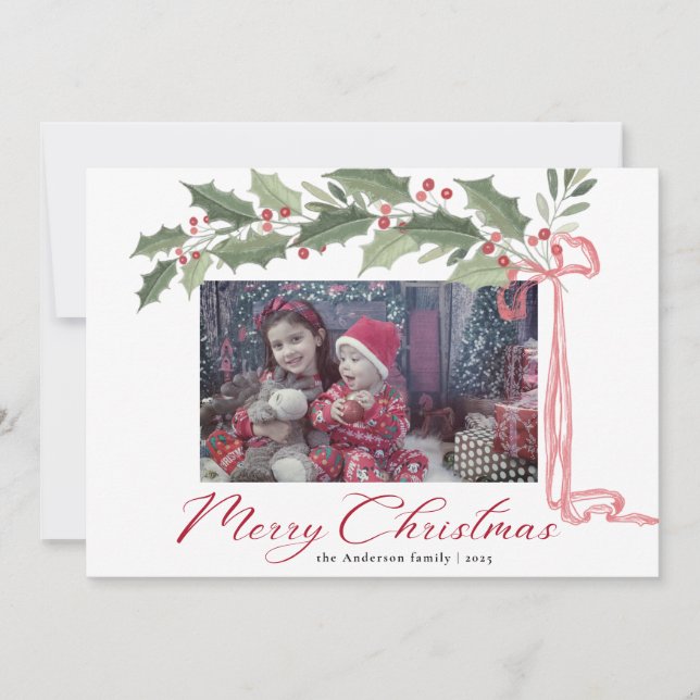 Tarjeta Festiva Elegant Holly Berries Foliage | Photo Christmas (Anverso)