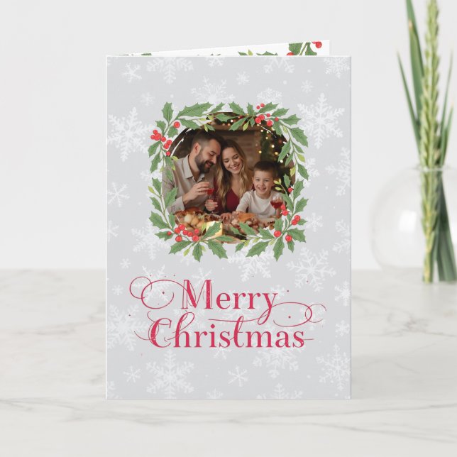 Tarjeta Festiva Elegant Holly Wreath Merry Christmas Photo (Anverso)