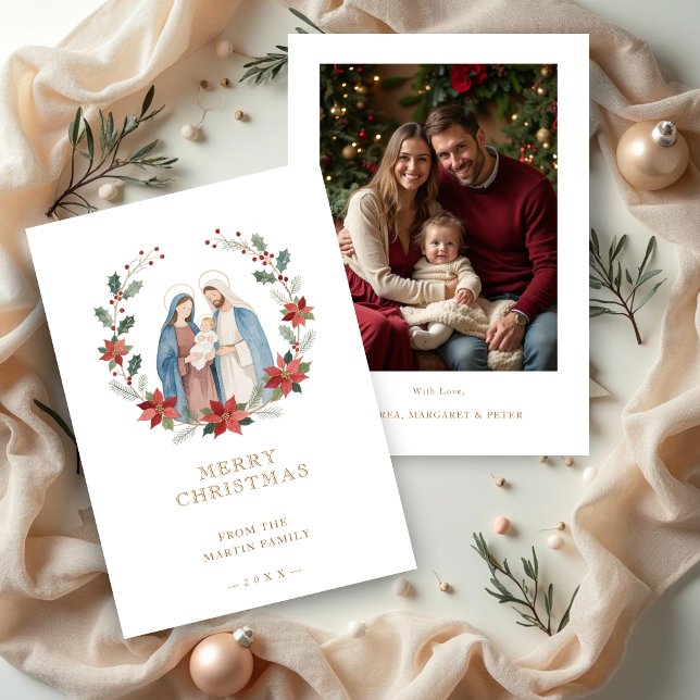 Tarjeta Festiva Elegant Holy Nativity Family Christmas Photo  (Elegant Holy Nativity Family Christmas Holidays Cards with Back Family Photo.)