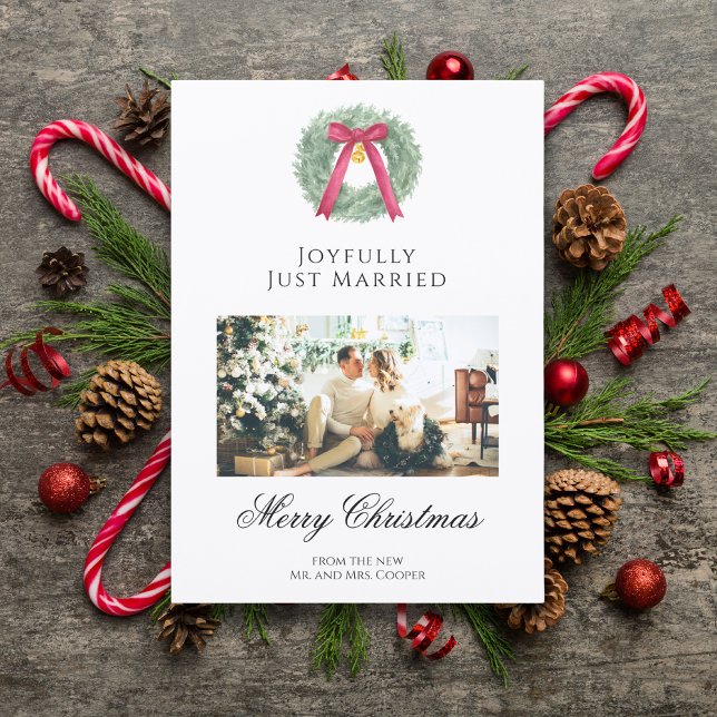 Tarjeta Festiva Elegant Just Married Newlywed Christmas Photo Card (Subido por el creador)