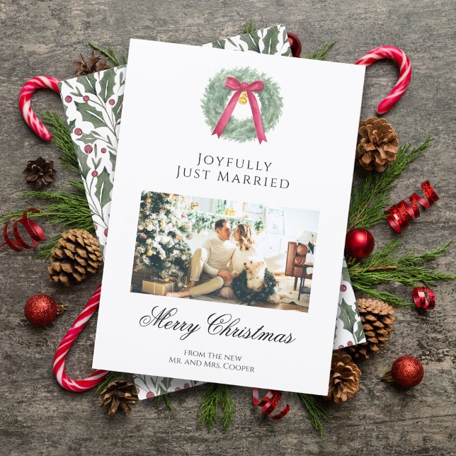 Tarjeta Festiva Elegant Just Married Newlywed Christmas Photo Card (Subido por el creador)