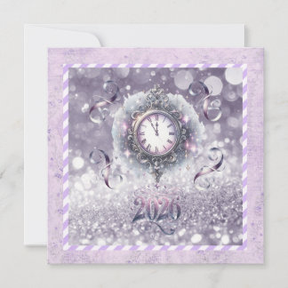 Tarjeta Festiva Elegant Lavender New Year 2026, Clock, Ribbons
