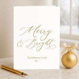 Tarjeta Festiva Elegant Merry & Bright Gold Script Christmas