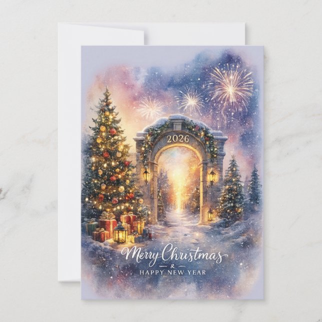 Tarjeta Festiva Elegant Merry Christmas 2026 Winter Gateway Scene (Anverso)