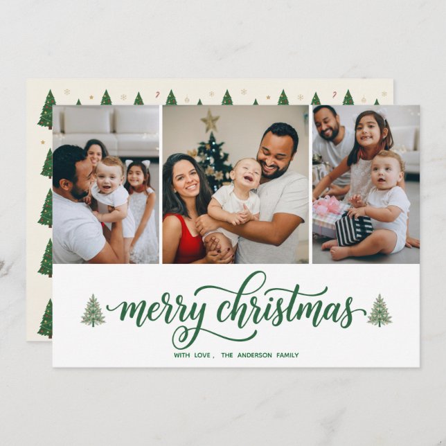 Tarjeta Festiva Elegant Merry Christmas Family 3 Photos Flat Card (Anverso / Reverso)