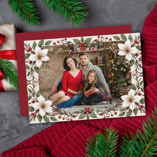 Tarjeta Festiva Elegant Merry Christmas Floral Frame Custom Photo (Elegant Merry Christmas Floral Frame Custom Photo Holiday Card
)