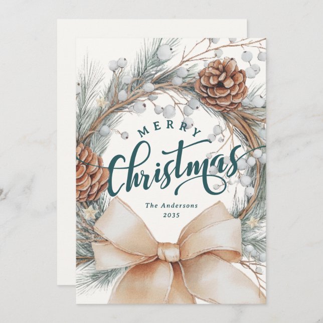 Tarjeta Festiva Elegant Merry Christmas Script Botanical Wreath  (Anverso / Reverso)