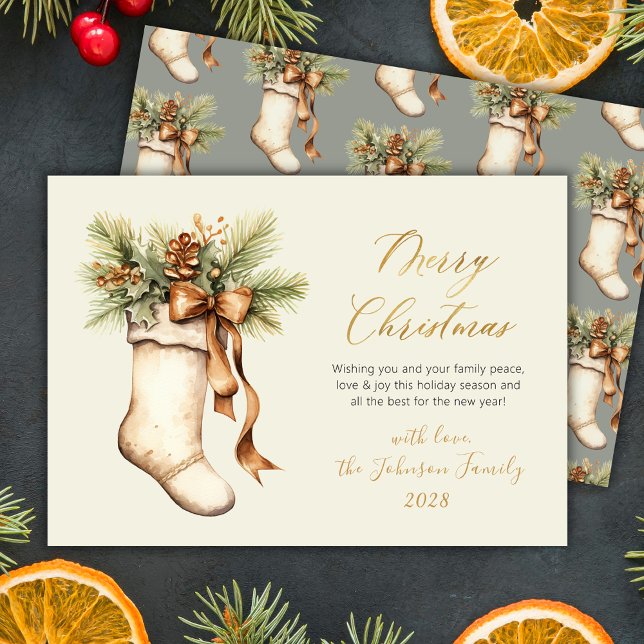 Tarjeta Festiva Elegant Merry Christmas Script Watercolor Stocking (Subido por el creador)