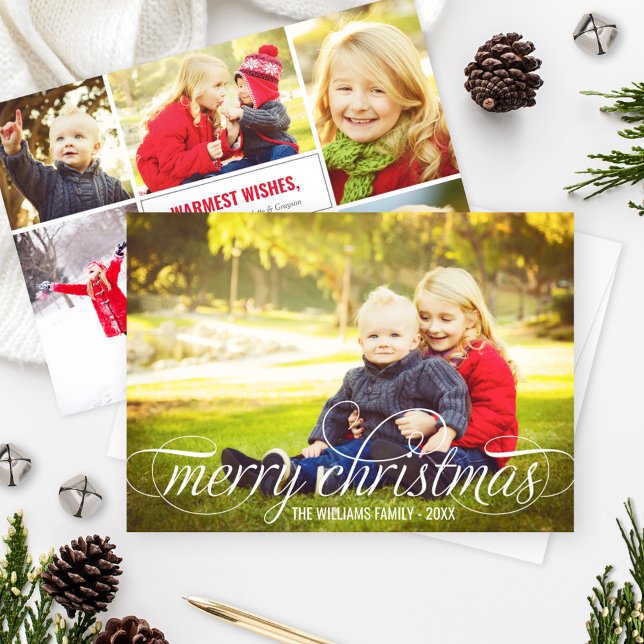 Tarjeta Festiva Elegant Merry Christmas White Script Photo Collage (Subido por el creador)
