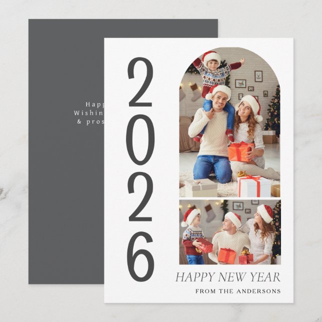 Tarjeta Festiva Elegant Minimal Happy New Year Family 2 Photo (Anverso / Reverso)