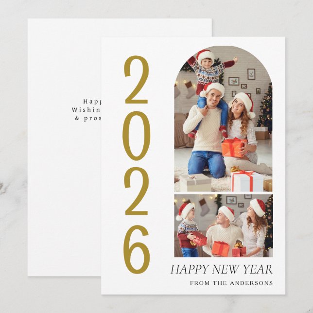 Tarjeta Festiva Elegant Minimal Happy New Year Family 2 Photo (Anverso / Reverso)