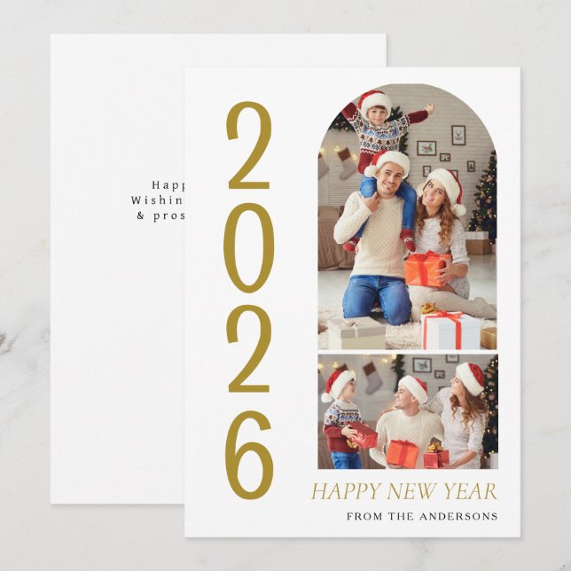 Tarjeta Festiva Elegant Minimal Happy New Year Family 2 Photo (Anverso / Reverso)