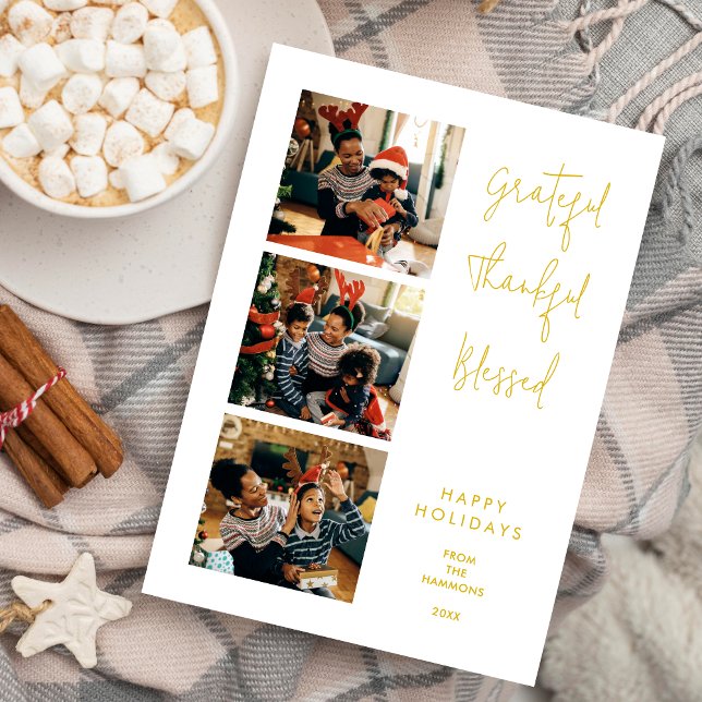 Tarjeta Festiva Elegant Minimalist Gold Script 3 Multi Photos (Elegant Minimalist Fake Gold 3 Multi Photos Collage Holiday Card with Envelope. )