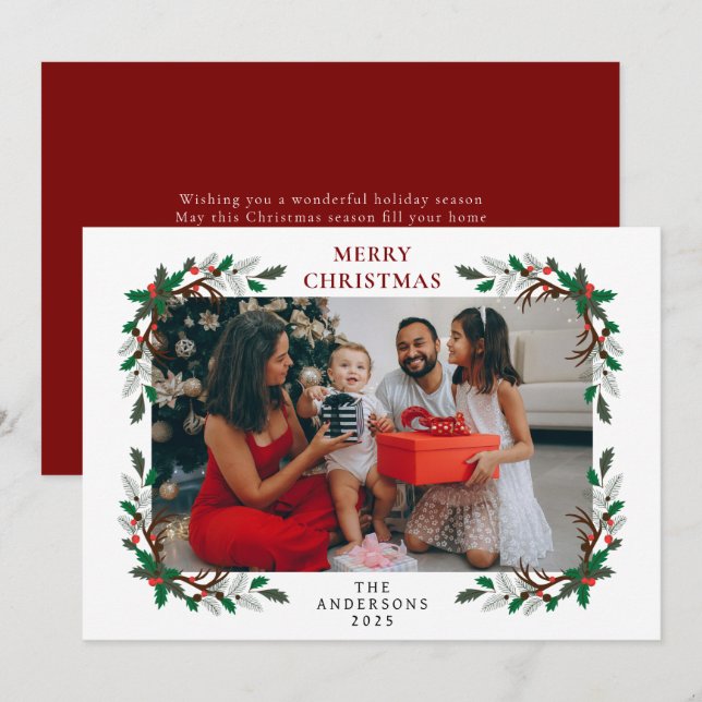 Tarjeta Festiva Elegant Minimalist Holly Berry Christmas Family (Anverso / Reverso)