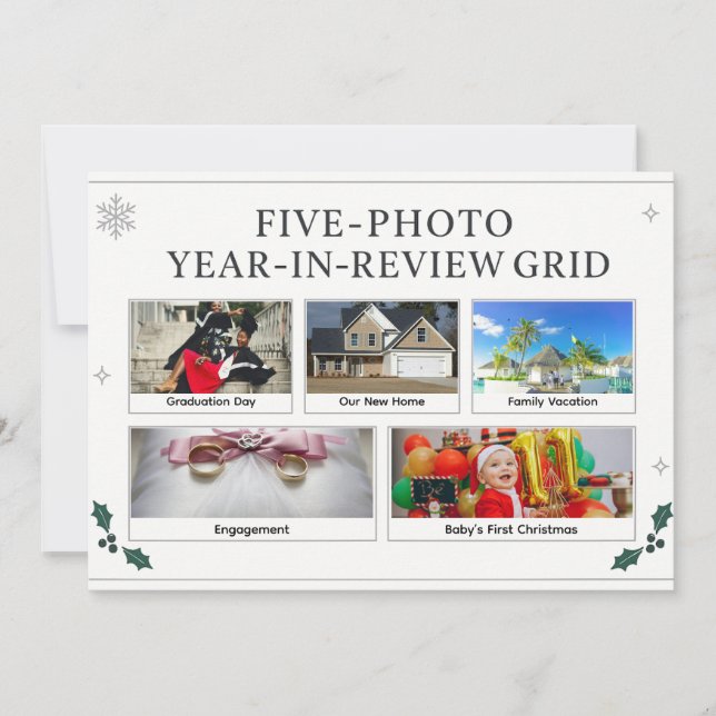Tarjeta Festiva Elegant Modern Five Photo Year in Review Grid (Anverso)