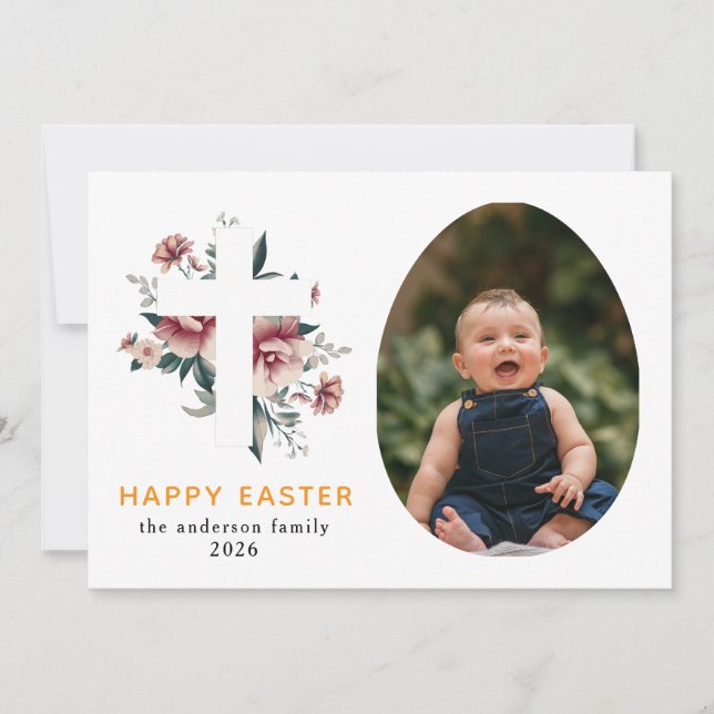 Tarjeta Festiva Elegant Modern Floral and Cross Happy Easter Photo (Anverso)