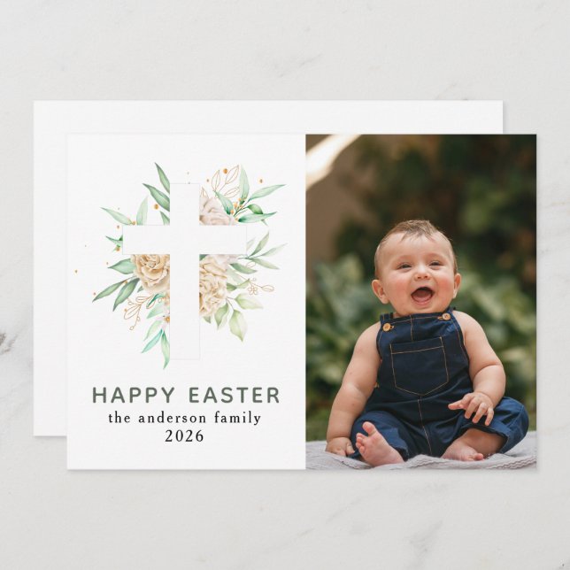 Tarjeta Festiva Elegant Modern Floral and Cross Happy Easter Photo (Anverso / Reverso)