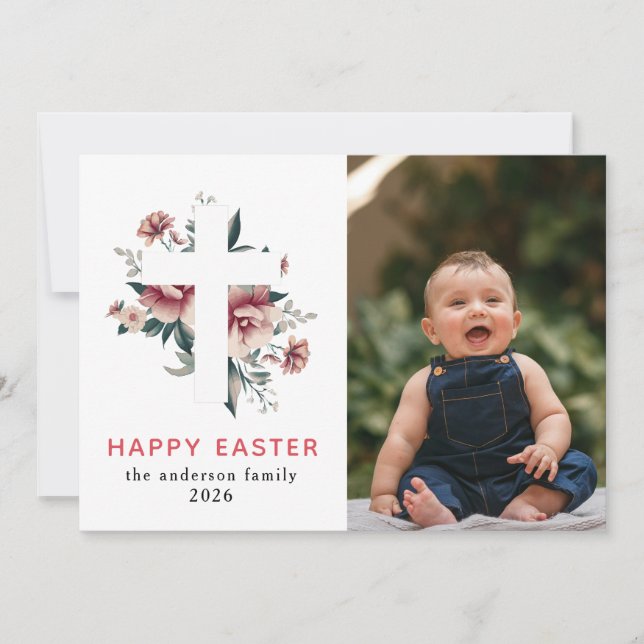 Tarjeta Festiva Elegant Modern Floral and Cross Happy Easter Photo (Anverso)
