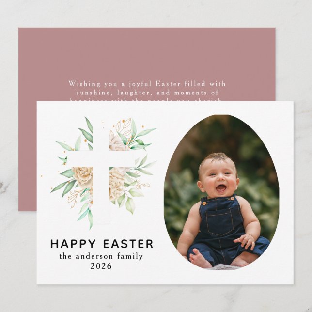 Tarjeta Festiva Elegant Modern Floral and Cross Happy Easter Photo (Anverso / Reverso)