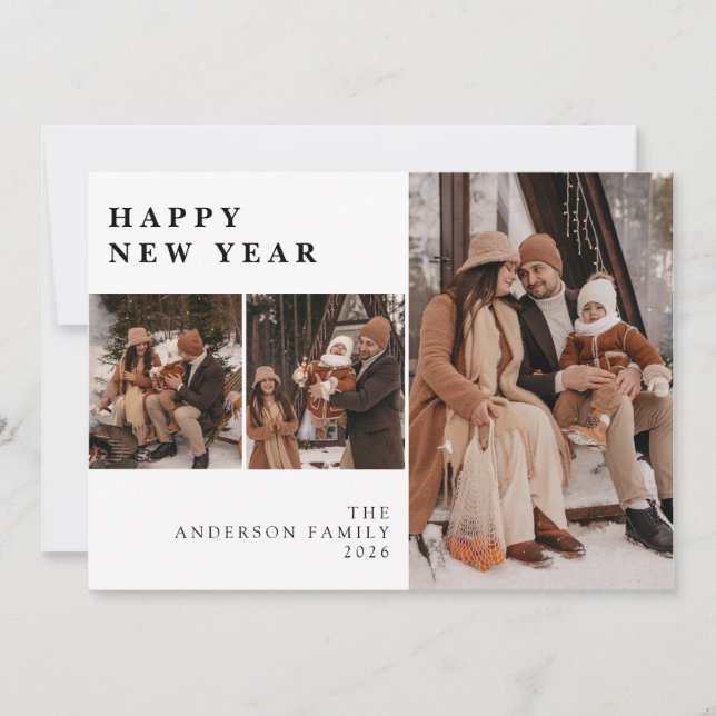 Tarjeta Festiva Elegant Modern Happy New Year Family 3 Photo  (Anverso)