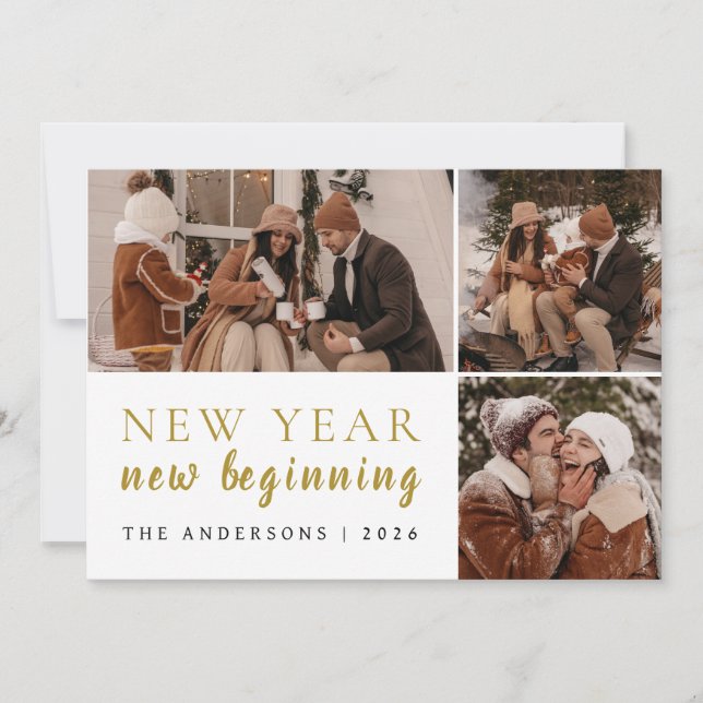 Tarjeta Festiva Elegant Modern Happy New Year Family 3 Photo  (Anverso)