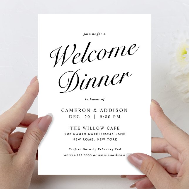 Tarjeta Festiva Elegant Modern Script Black + White Welcome Dinner (Elegant Modern Script Black + White Welcome Dinner Wedding Invitation Card)