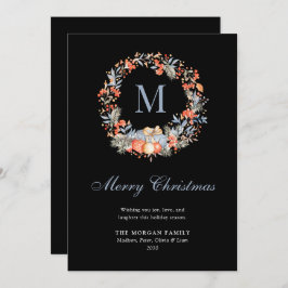 Tarjeta Festiva Elegant Monogram Wreath Dusty Blue Modern