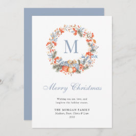 Tarjeta Festiva Elegant Monogram Wreath Dusty Blue Modern