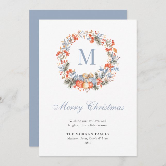 Tarjeta Festiva Elegant Monogram Wreath Dusty Blue Modern (Anverso / Reverso)