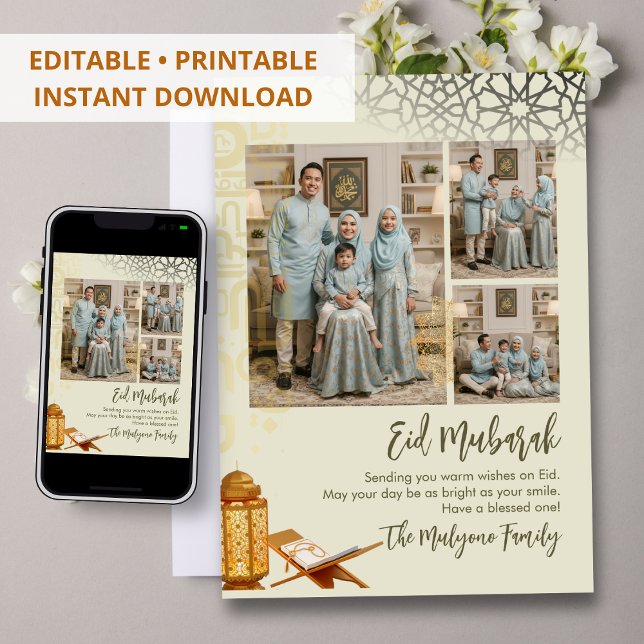 Tarjeta Festiva Elegant Multi-Photo Geometric Islamic Eid Mubarak  (Subido por el creador)