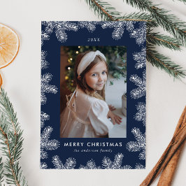 Tarjeta Festiva Elegant Navy and White Pine Frame Photo