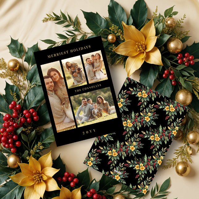 Tarjeta Festiva Elegant Navy Blue & Gold Simple 4 Multi Photos (Elegant Black & Fake Gold Simple Classic 4 Multi Photos Collage Family Holidays Cards. )