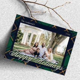 Tarjeta Festiva Elegant Navy Green Plaid Happy Holidays