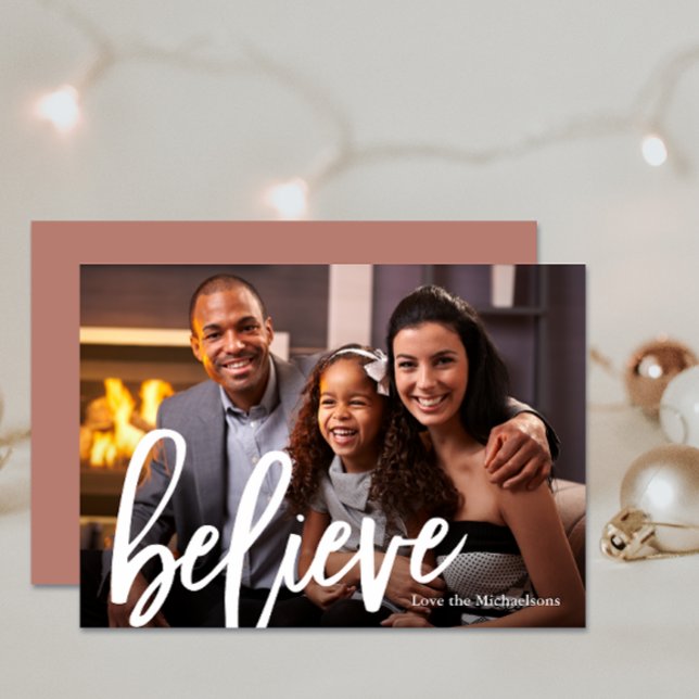 Tarjeta Festiva Elegant Neutral Typography Believe Photo Christmas (Subido por el creador)