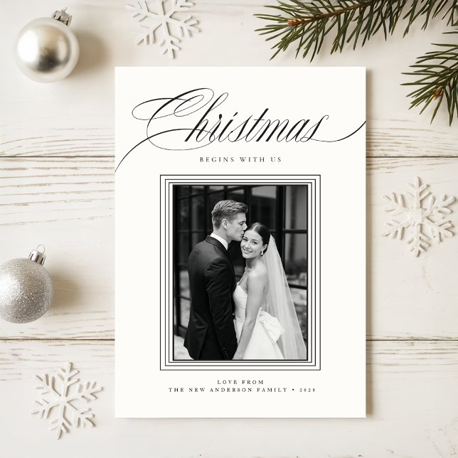 Tarjeta Festiva Elegant Newlywed Black & White 2 Photo Christmas (Subido por el creador)