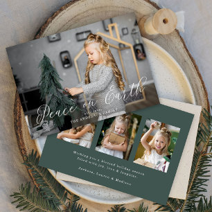 Tarjeta Festiva Elegant Paz en la Tierra Script Dark Sage 4 Foto