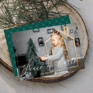 Tarjeta Festiva Elegant Peace On Earth Script Abeto Verde Foto