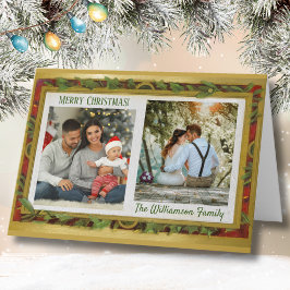 Tarjeta Festiva Elegant Photo Collage Gold Red Green Name
